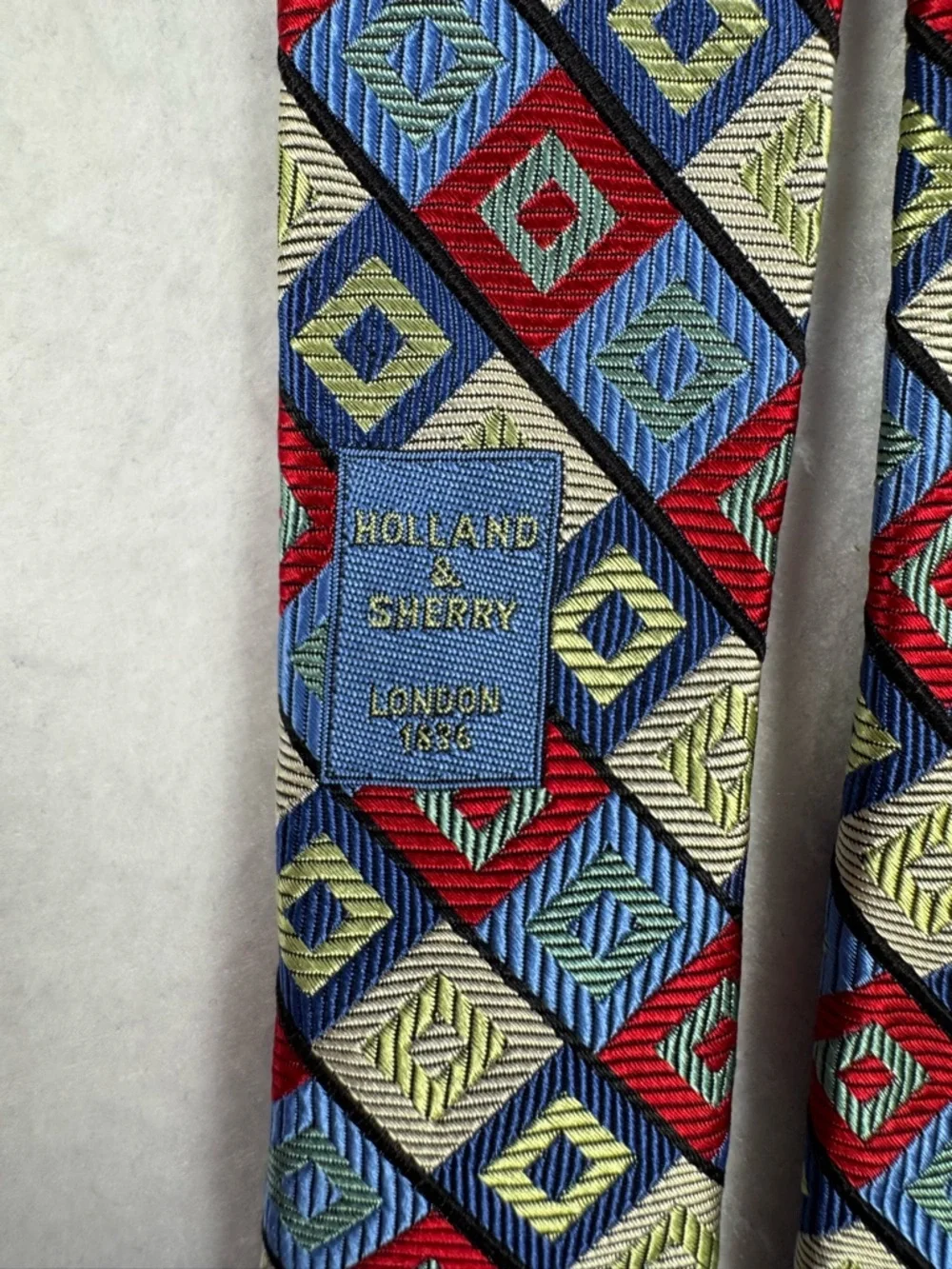 Holland & Sherry London 1836 100% Silk‎ Necktie Red Blue Cream Geometric